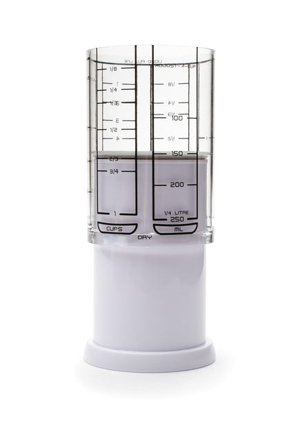 KitchenArt Taza Medidora Ajustable de 2 Tazas, Color Blanco | Taza medidora de émbolo | Mide entre 1/8 taza y 1 taza | Incluye conversiones | Gadget de cocina | Mide sólidos y líquidos