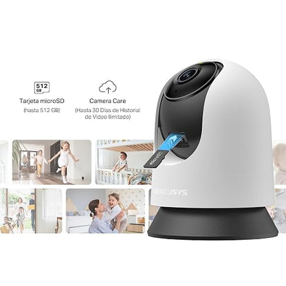 MERCUSYS MC210 Cámara de Seguridad WiFi Interior - Resolución 2K - Cobertura 360° - Visión Nocturna Infrarroja - Detección de Movimiento - Audio Bidireccional - 512GB - App
