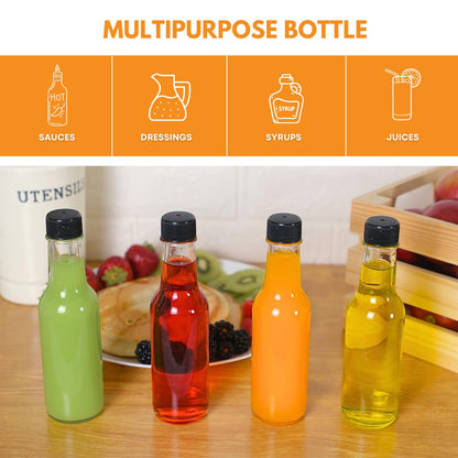 FastRack - Botellas de salsa picante Woozy de 5 onzas, paquete de 12 con tapas de plástico negro, botellas pequeñas vacías, botellas de vidrio transparente con tapa a prueba de fugas, sin gotero
