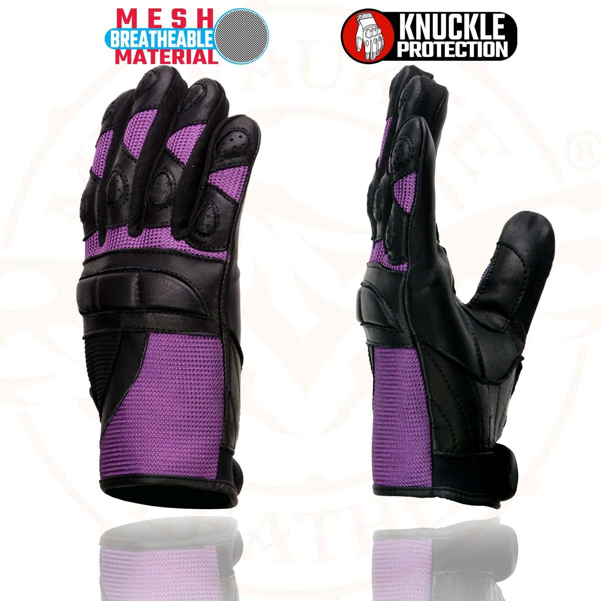 Shaf International Milwaukee Leather SH802 - Guantes de competición para Mujer, Color Negro y Morado con Malla, Talla L