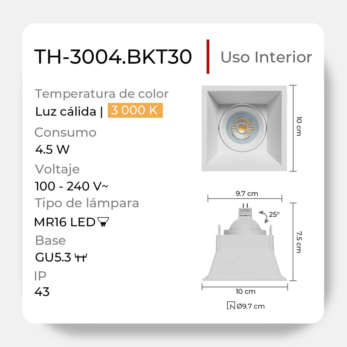 ILLUX Lámpara de empotrar en plafón, Uso en interior, Lampara moderna y Elegante, Incluye foco MR16 de luz cálida 4.5 W, Color Blanco, lampara para recamara, sala, cocina TH-3004.BKT30