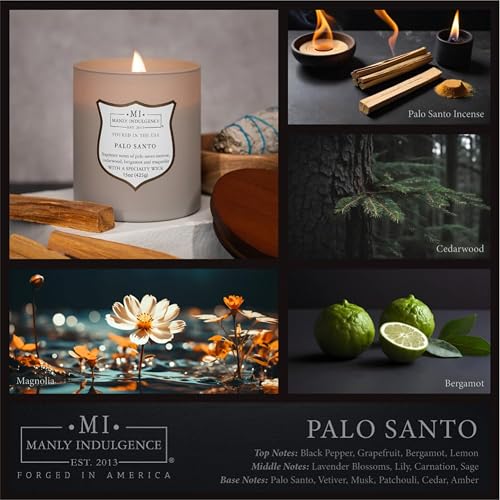 Manly Indulgence - Velas perfumadas de Palo Santo para hombres, mecha de madera de 15 onzas, cera de mezcla de soja premium, quemaduras de 60 horas, velas perfumadas para el hogar, fabricadas en los