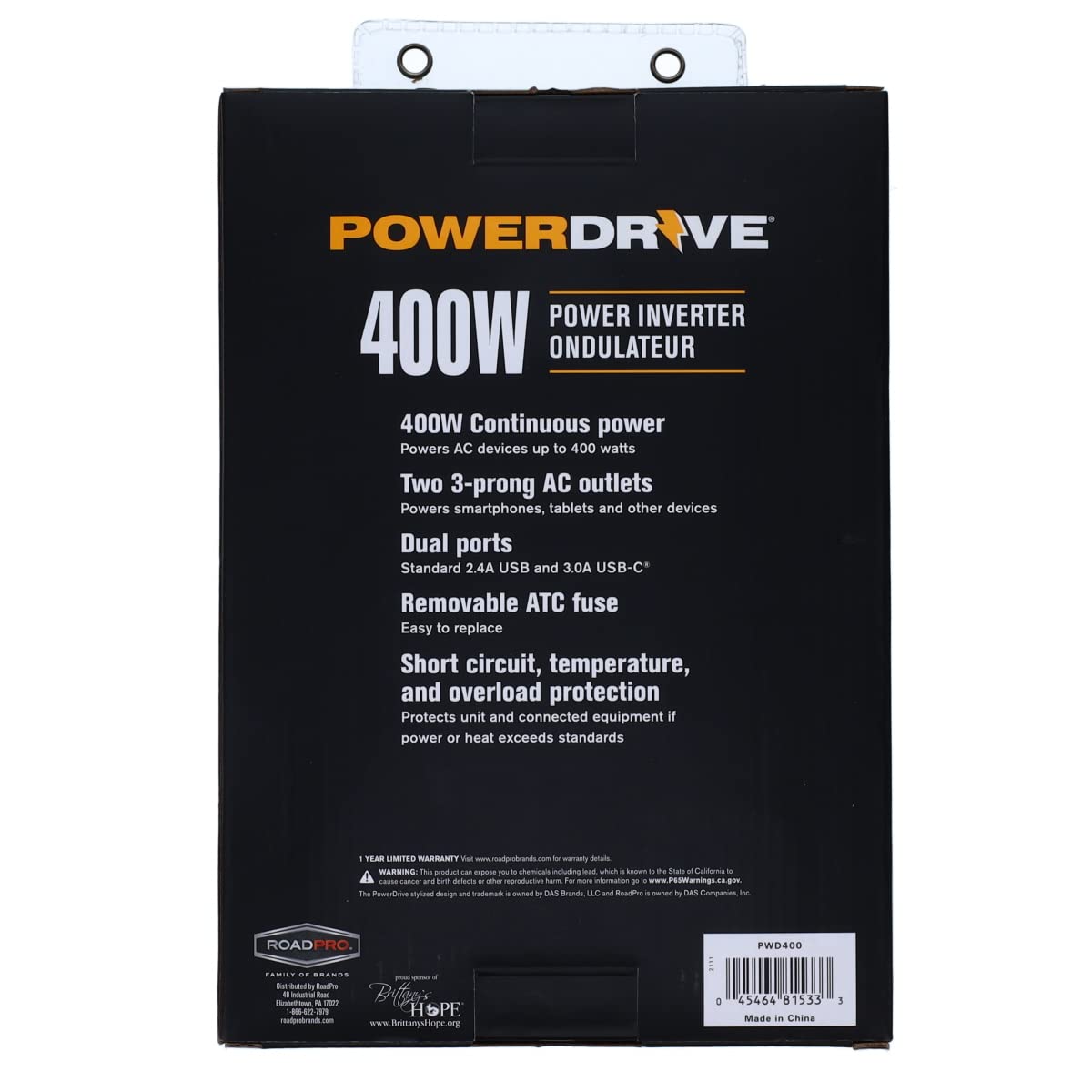PowerDrive PWD400 - Inversor de Corriente de 400 W, 12 V CC a 110 V CA con 2 tomacorrientes y 2 Puertos