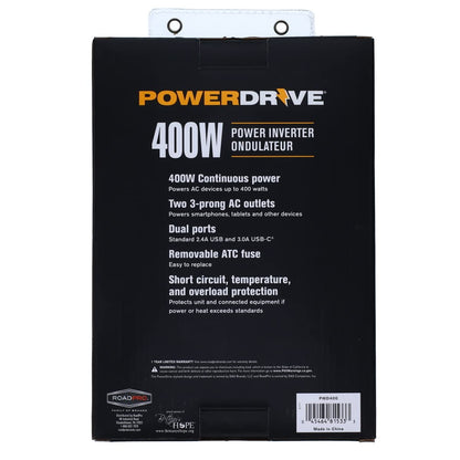 PowerDrive PWD400 - Inversor de Corriente de 400 W, 12 V CC a 110 V CA con 2 tomacorrientes y 2 Puertos