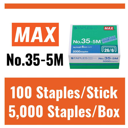 Grapas estándar Max 35-5M para EE.UU.; longitud de pierna: 6 mm (1/4 pulgadas), 100 grapas por palo, para uso con Max HD-50, HD-50R, HD-50F y otras grapadoras estándar, longitud de pierna de 0,6 cm, ancho de corona de 1,3 cm, 5000 unidades