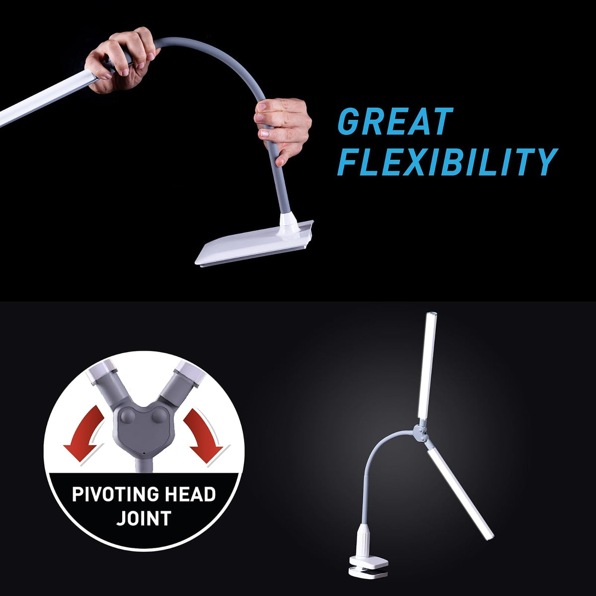 Daylight DuoPro - Lámpara LED con abrazadera – 6.000 K, 2.100 Lux a 12 pulgadas, 4 niveles de brillo, pantallas antirreflejos, brazo ajustable, diseño delgado, perfecto para costura, lectura,