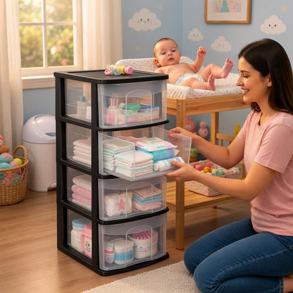Italhome Cajonera FOX 4 de Plástico 4 Cajones Transparentes, Organizador Multiusos para Hogar y Oficina, Mueble Ligero Resistente, Fácil Limpieza, Color Negro
