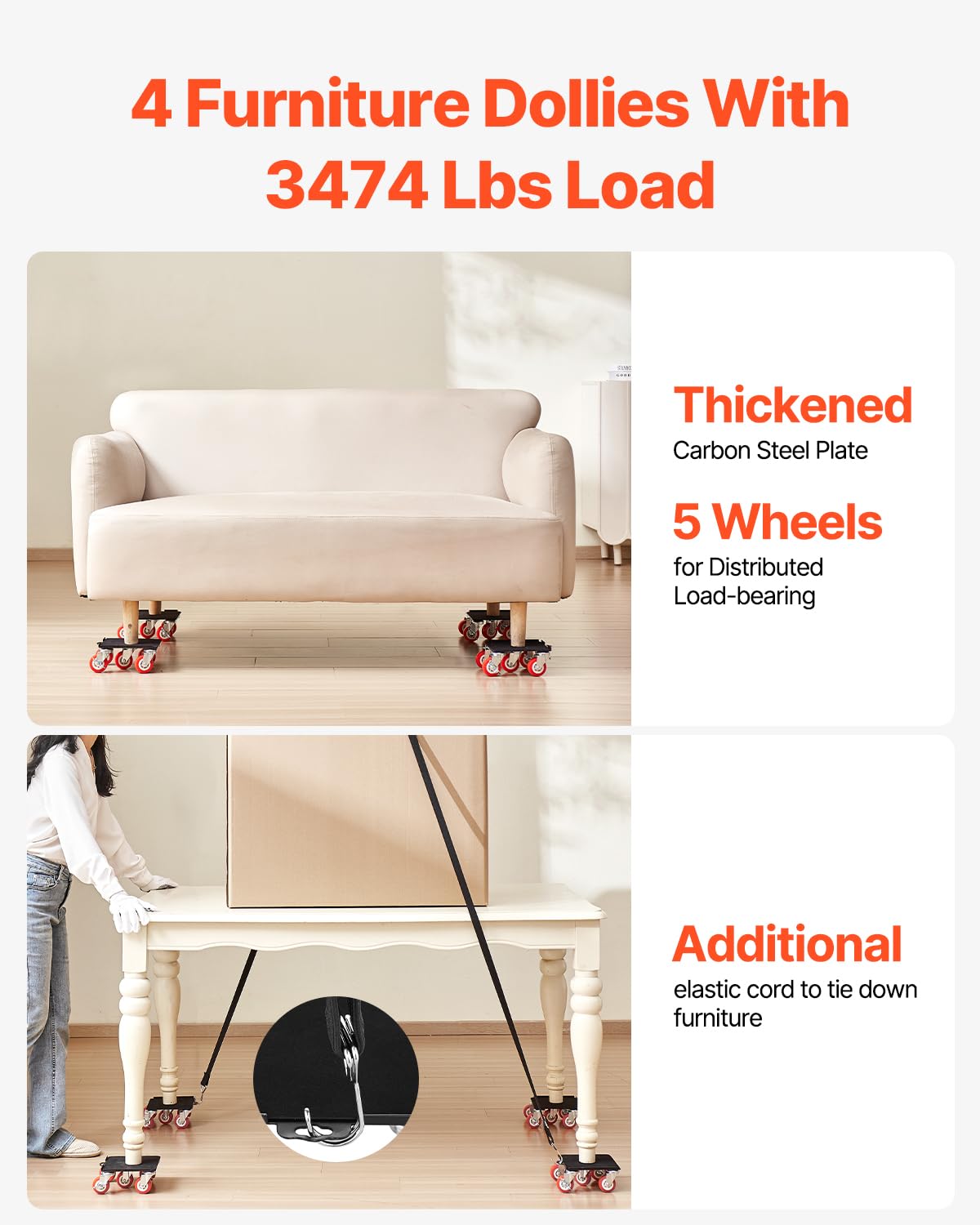 VEVOR 4 PCS Plataforma Rodante para Muebles 175 x 160 x 70 mm Carga de 1575 kg, Transportador de Muebles Resistente con 5 Ruedas Giratorias de 360° y Panel de Acero al Carbono para Mover Muebles