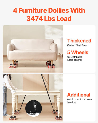 VEVOR 4 PCS Plataforma Rodante para Muebles 175 x 160 x 70 mm Carga de 1575 kg, Transportador de Muebles Resistente con 5 Ruedas Giratorias de 360° y Panel de Acero al Carbono para Mover Muebles