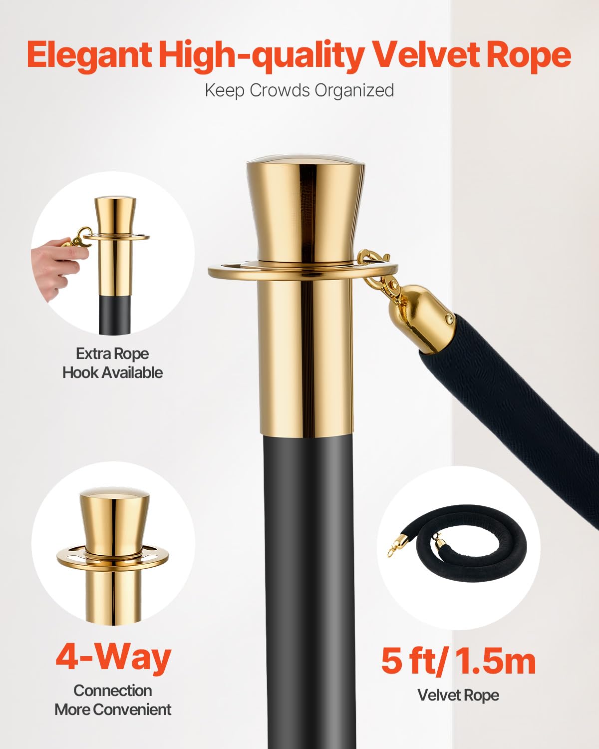 VEVOR 6 PCS Poste de Estaca de Acero Inoxidable de 1,5 m con Base Hueca de Inyección de Arena y 4 Cuerdas de Terciopelo Negro, Barreras de Control de Multitudes para Teatro, Fiesta, Boda, Negro