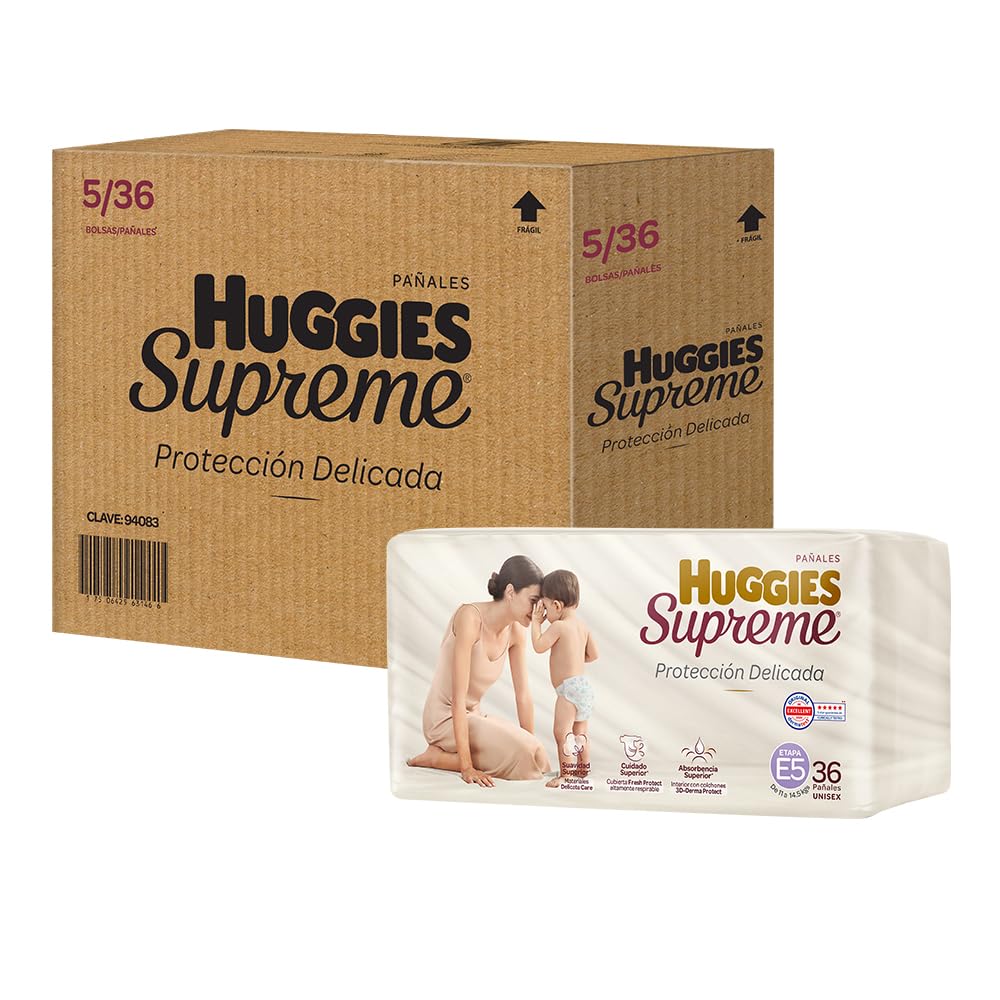 Pañal Huggies Supreme, unisex con 36 pzs, etapa 5, para bebés de hasta 11 a 14.5 kg. Único clinica y dermatologicamente probado
