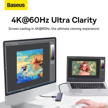 Baseus USB-C Hub 7-En-1 USB C Estación de Acoplamiento con 7 Puertos, Adaptador a HDMI 4K, PD de 100 W, 2 USB, Rj45, SD/TF, Gris