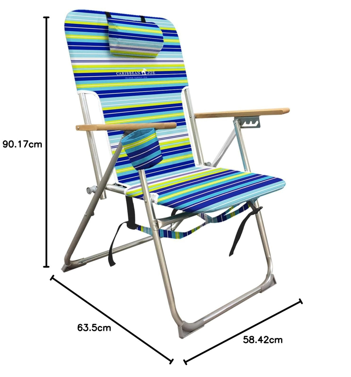 Caribbean Joe - Silla de Playa Plegable, Mochila portátil de 4 Posiciones, Silla de Camping Plegable con reposacabezas, portavasos y reposabrazos de Madera, Rayas Azules y Lima