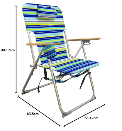 Caribbean Joe - Silla de Playa Plegable, Mochila portátil de 4 Posiciones, Silla de Camping Plegable con reposacabezas, portavasos y reposabrazos de Madera, Rayas Azules y Lima