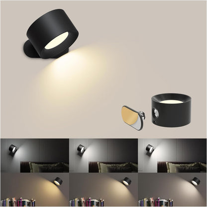 AKSDA Apliques de pared LED, lámparas de pared con pilas, luces inalámbricas montadas en la pared con 3 temperaturas de color y 3 brillo, bola magnética de 360°, puerto de carga USB para leer estudio