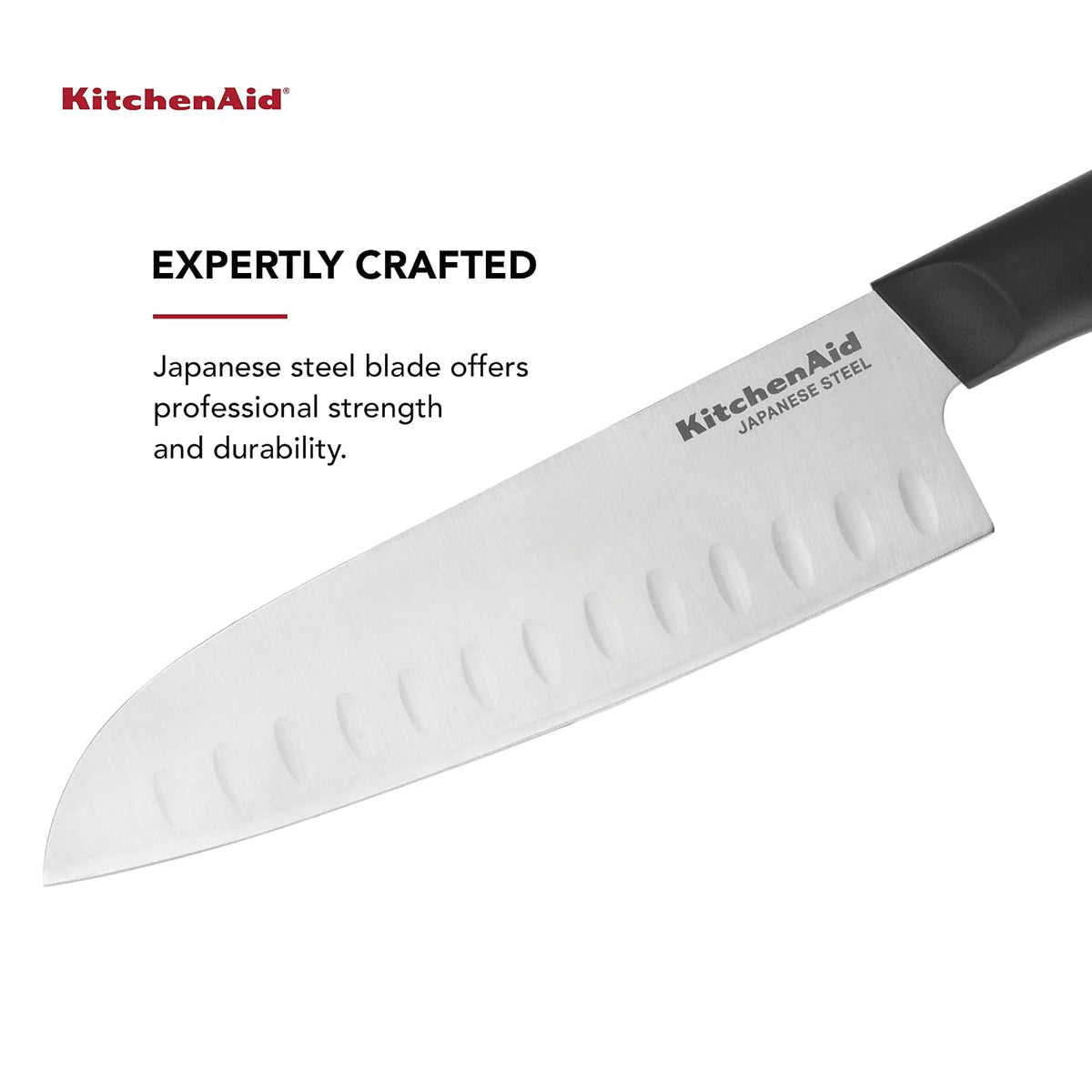 KitchenAid - Cuchillo clásico Santoku con cubierta de hoja de ajuste personalizado, 7 pulgadas, cuchillo de cocina afilado, acero inoxidable japonés de alto carbono, negro