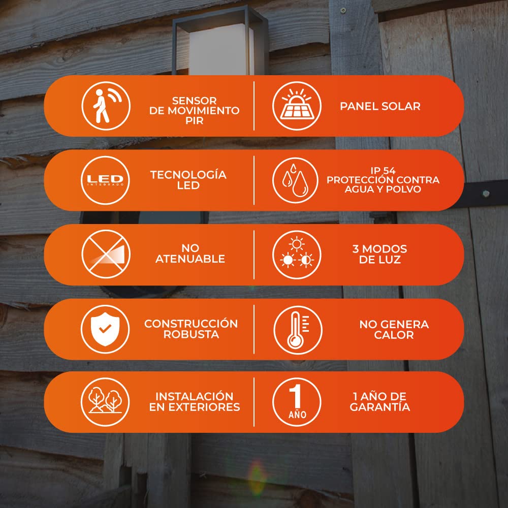 Tecnolite Lámpara Solar LED de Pared, 3 W, Luz Suave Cálida, Sensor de Movimiento, 3 Modos de Luz, IP54, LED integrado