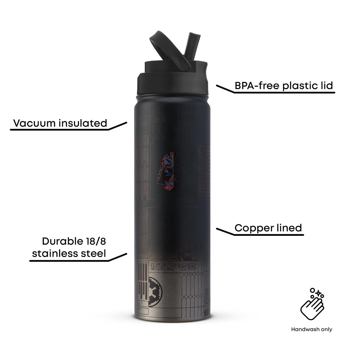 JoyJolt Star Wars - Botella de agua de acero inoxidable de Darth Vader con tapa abatible con popote, botella de agua aislada al aspiradora de 22 onzas, vaso sin BPA para deportes y viajes, regalos de