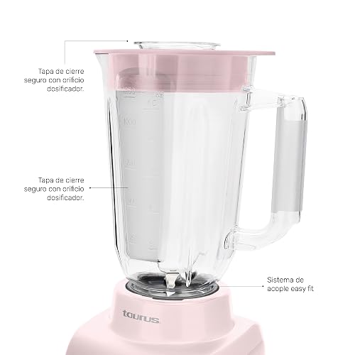 TAURUS HALEY RIBBON | Licuadora 500W* de 4 Velocidades | Vaso de plástico 1.65L* | Sistema Easy Fit Seguro y Duradero | Cuchillas desmontables | Potencia y Control para Preparar Smoothies, Salsas...