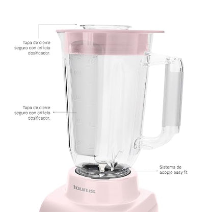 TAURUS HALEY RIBBON | Licuadora 500W* de 4 Velocidades | Vaso de plástico 1.65L* | Sistema Easy Fit Seguro y Duradero | Cuchillas desmontables | Potencia y Control para Preparar Smoothies, Salsas...