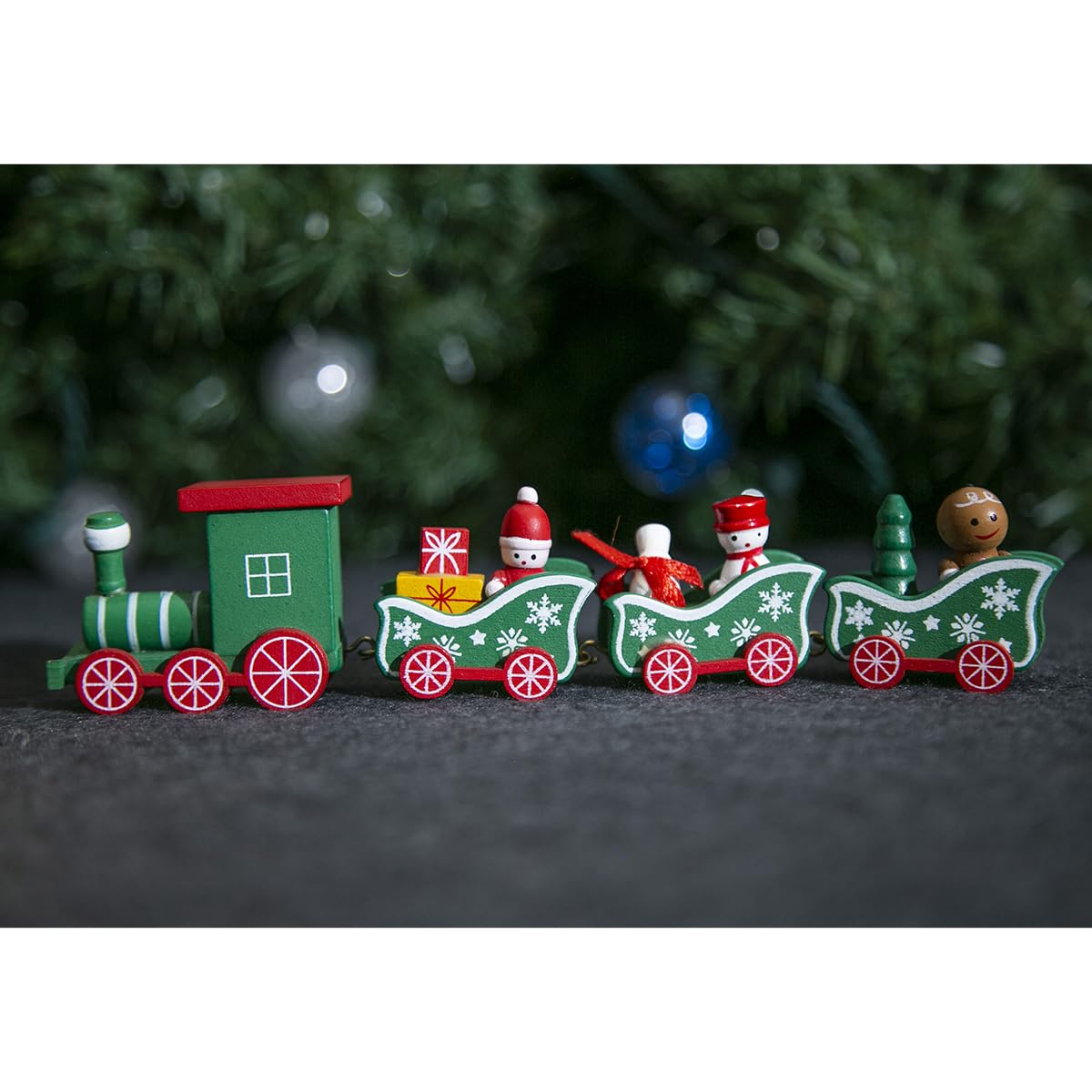 Running Tren navideño de Madera con 4 carros | Decoración para Villa Navideña | Color Verde | 25.5 x 7.5 x 3 cm Decora