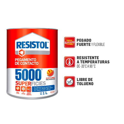 Resistol 5000 Superficies, pegamento para armado, bricolaje, laminado, enchapado y ensamble, adhesivo de fuerte agarre para madera, fieltro, cuero, metal y otros materiales, 1x1lt
