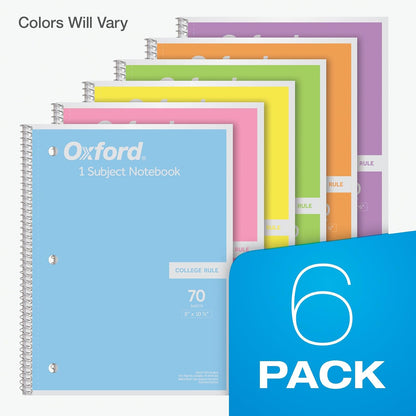 Oxford Cuaderno espiral de 6 unidades, 1 materia, papel de rayas universitarias, 8 x 10-1/2 pulgadas, rosa pastel, naranja, amarillo, verde, azul y morado, 70 hojas (63756)
