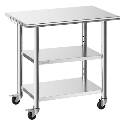 VEVOR Mesa de Preparación con Ruedas 91,5 x 61 x 86,4 cm, Mesa de Trabajo de Acero Inoxidable 3 Niveles, con Estante Ajustable, Bordes Redondeados, para Restaurantes, Hoteles, Cocinas, Garajes