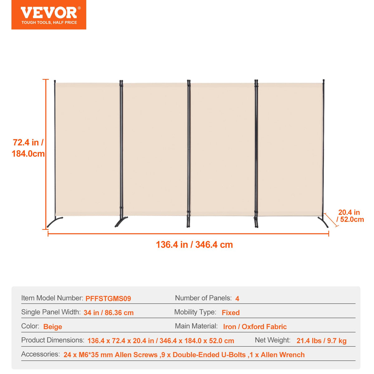 VEVOR Biombo Separador de Ambientes de 3464 x 1840 x 520 mm, Separador de Ambientes para Oficina, Dormitorio, Beige