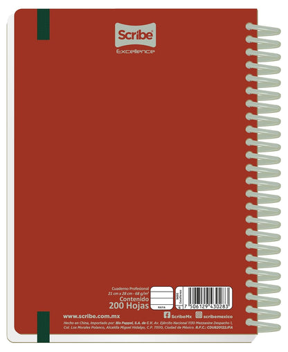 Scribe®, Excellence, Cuaderno Profesional, Pasta Dura, Espiral Sencillo, Cuadro Chico (C.5), 200 hojas, Portada Rojo/Negro