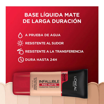 L'Oréal Paris, Base de maquillaje líquida de larga duración, Infallible 24h Pro-matte, Tono Natural Beige 105, 30ml