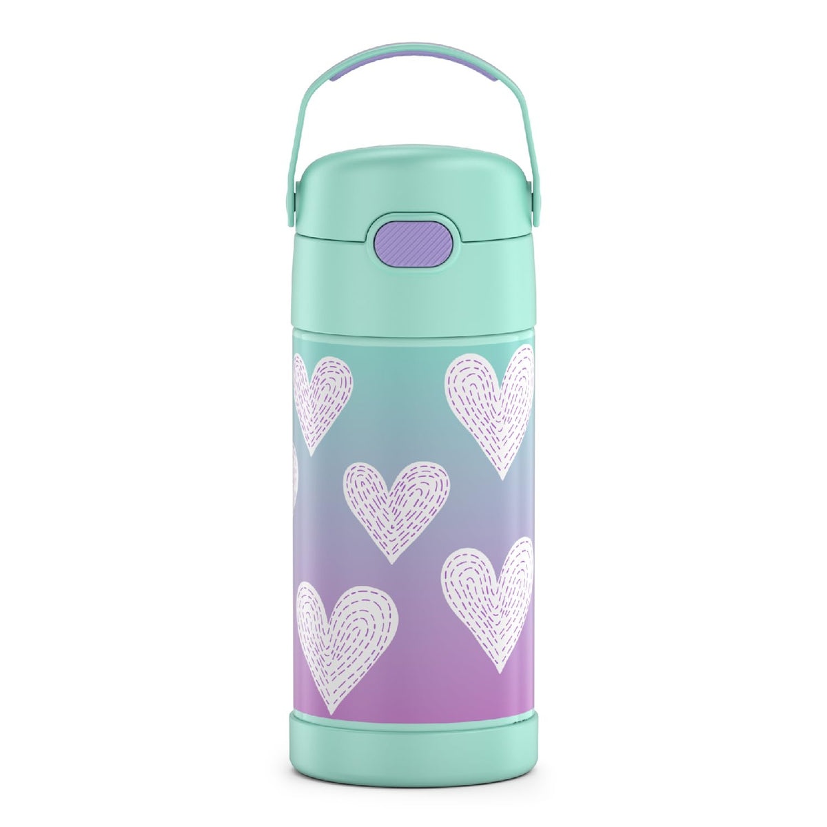 Thermos Funtainer Botella Térmica Infantil con Popote, Acero Inoxidable - 0.4 Litros - Corazones púrpura