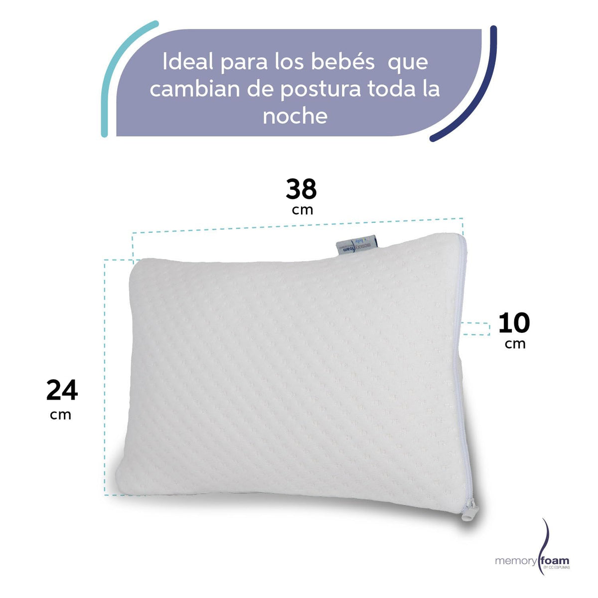 Memory Foam Baby | Almohada de Bebé Cómoda y Segura - Firmeza Media – Blanco – 24x38x10 cm – Hecha