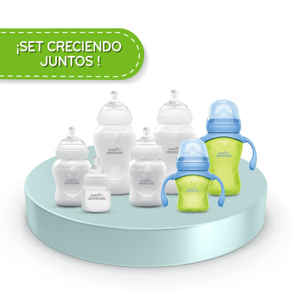 Evenflo Advanced Set Creciendo Juntos, 7 Piezas con Biberones y Tazas Entrenadoras, 60ml a 270ml, Silicón Grado Alimenticio, Sin BPA, Sistema Anti-colapso, 0-6+ Meses
