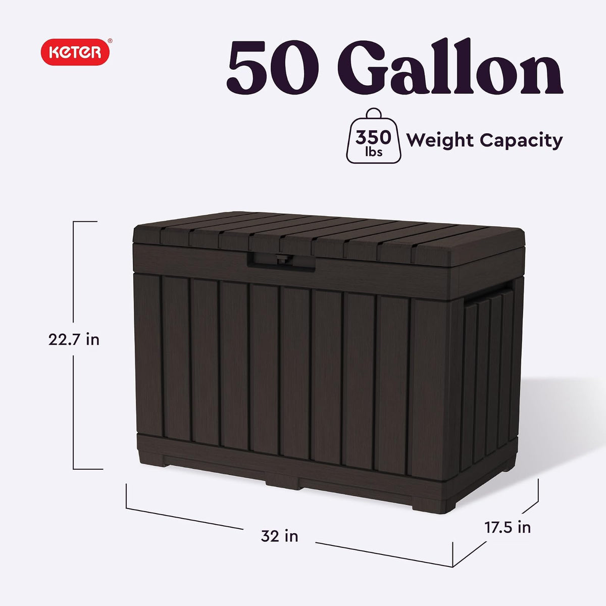 Keter Kentwood - Caja de resina de 50 galones para organizar y almacenar cojines de patio, almohadas y herramientas de jardín, color café