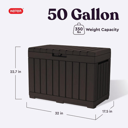 Keter Kentwood - Caja de resina de 50 galones para organizar y almacenar cojines de patio, almohadas y herramientas de jardín, color café