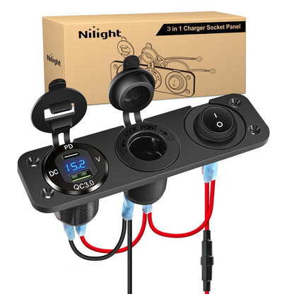 Nilight - Panel de Cargador 4 en 1 PD Tipo C y QC 3.0 Cargador USB con visualización de voltímetro LED y Encendedor de Cigarrillos e Interruptor de Corte de alimentación para Automóviles, Camiones, UTV,