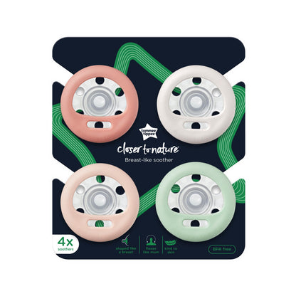 Tommee Tippee Chupón Tipo Pecho, 0-6 Meses, Silicona, Paquete de 4 | Diseño Simétrico, Tetina Natural Tipo Pecho, Chupón Libre de BPA, Rosa/Verde/Crema