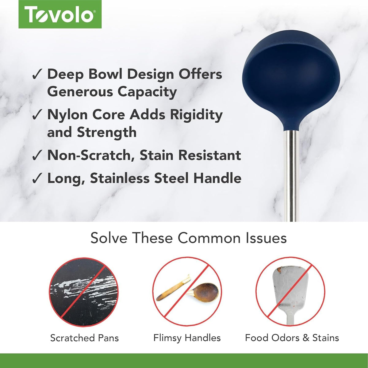 Tovolo - Cucharón de silicona con mango de acero inoxidable para cocinar enlatado, servir sopa, sopa, salsa, cuchara grande para utensilios de cocina, apto para lavaplatos, silicona sin BPA, índigo