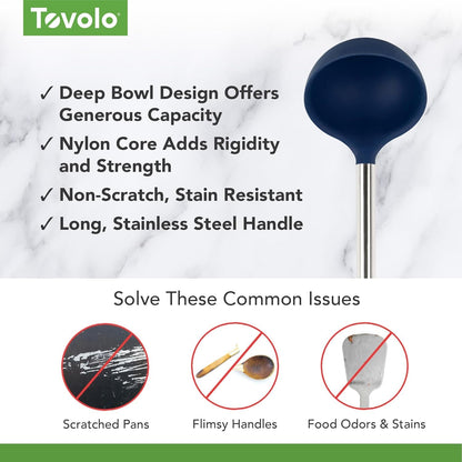 Tovolo - Cucharón de silicona con mango de acero inoxidable para cocinar enlatado, servir sopa, sopa, salsa, cuchara grande para utensilios de cocina, apto para lavaplatos, silicona sin BPA, índigo