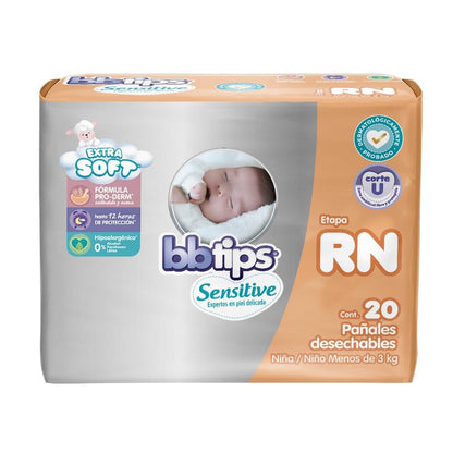 BBtips Sensitive, Recien Nacido, 160 Pañales (8 paquetes con 20 pañales)