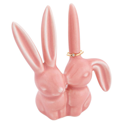 Creative Co-Op - Figura decorativa de cerámica de conejo, soporte de anillo rosa