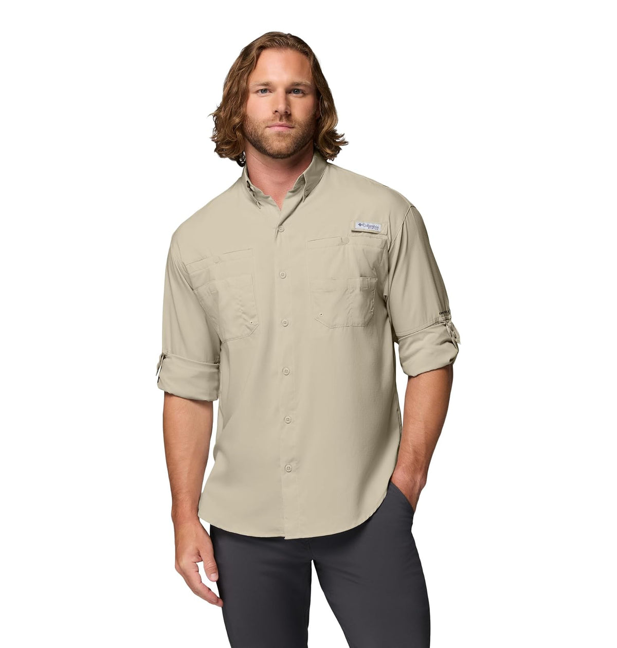 Columbia PFG Tamiami II Camisa de Manga Larga para Hombre - Beige Fósil - XS - Sólido