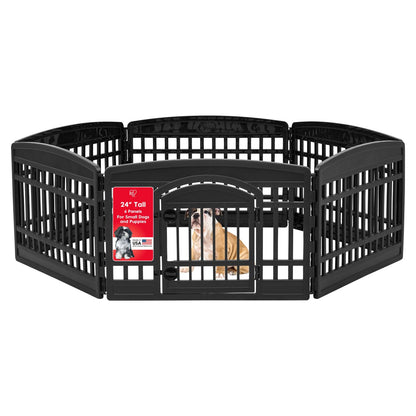 IRIS USA Corral de Ejercicio de 6 Paneles de 61 cm con Puerta, , Mantiene a las Mascotas Seguras, Fácil de Montar y Almacenar, Personalizable, con Patas de Goma Antideslizantes, Negro