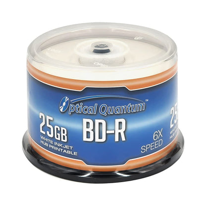 Optical Quantum 50 Discos Blu-ray Grabables (BD-R) de una Sola Capa, 6x, 25GB, Cubierta Blanca Imprimible con Inyección de Tintas