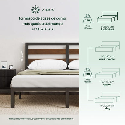 Zinus Shen | Base de Cama con Cabecera Metálica con Bamboo Individual Color Negro Estilo Contemporáneo 9 Patas y Listones de Fácil Armado | Embalaje en Caja