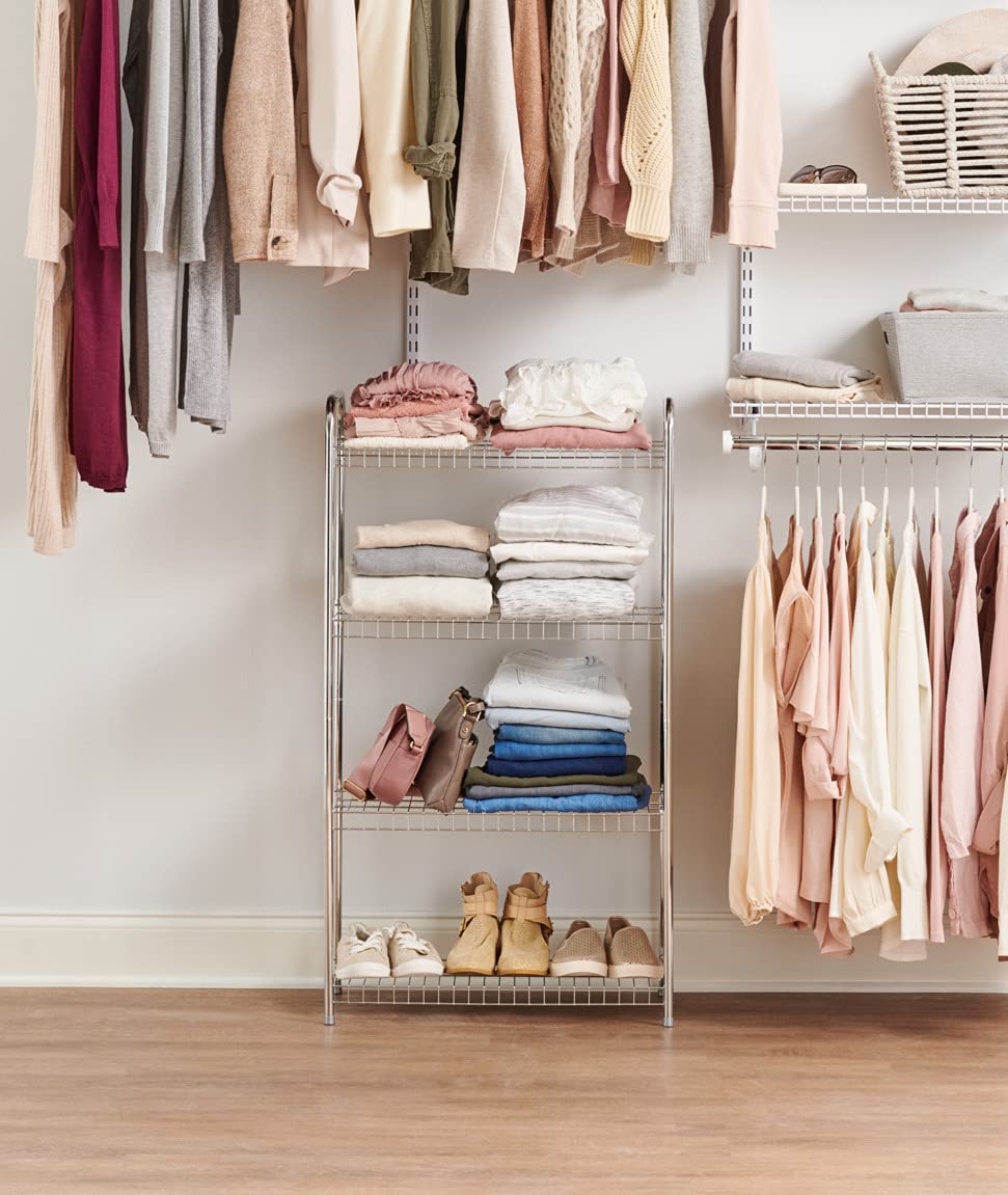 Rubbermaid Estante de Alambre Resistente de 4 Niveles, níquel Satinado, fácil de Montar con Accesorios incluidos, para Uso en Alimentos, lavandería, clóset y Almacenamiento en el hogar