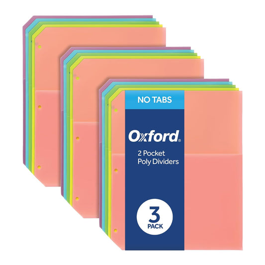 Oxford 59801 - Divisores de carpeta de polietileno, bolsillo doble, organizadores de 3 agujeros, colores pastel, 5 organizadores antiadherentes sin pestañas, paquete de 3 divisores índices