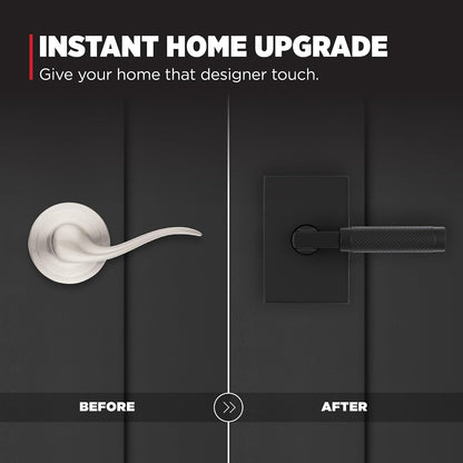 Kwikset Prava - Manija moleteada para puerta de paso interior, palanca para puertas de clóset y pasillo, palanca reversible sin bloqueo, negro mate, con protección Microban