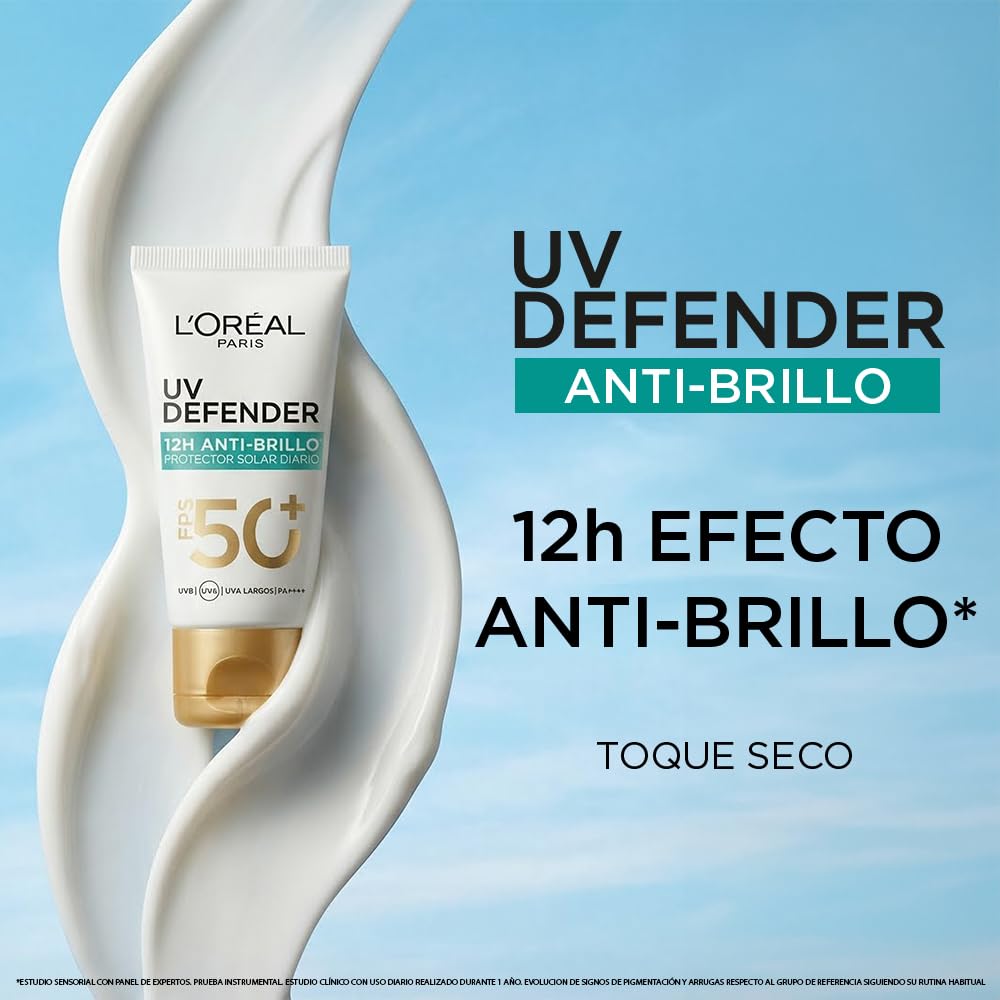 L'Oréal Paris Protector Solar Diario FPS50+ UV Defender Anti-Brillo Tono Medio, 40ml